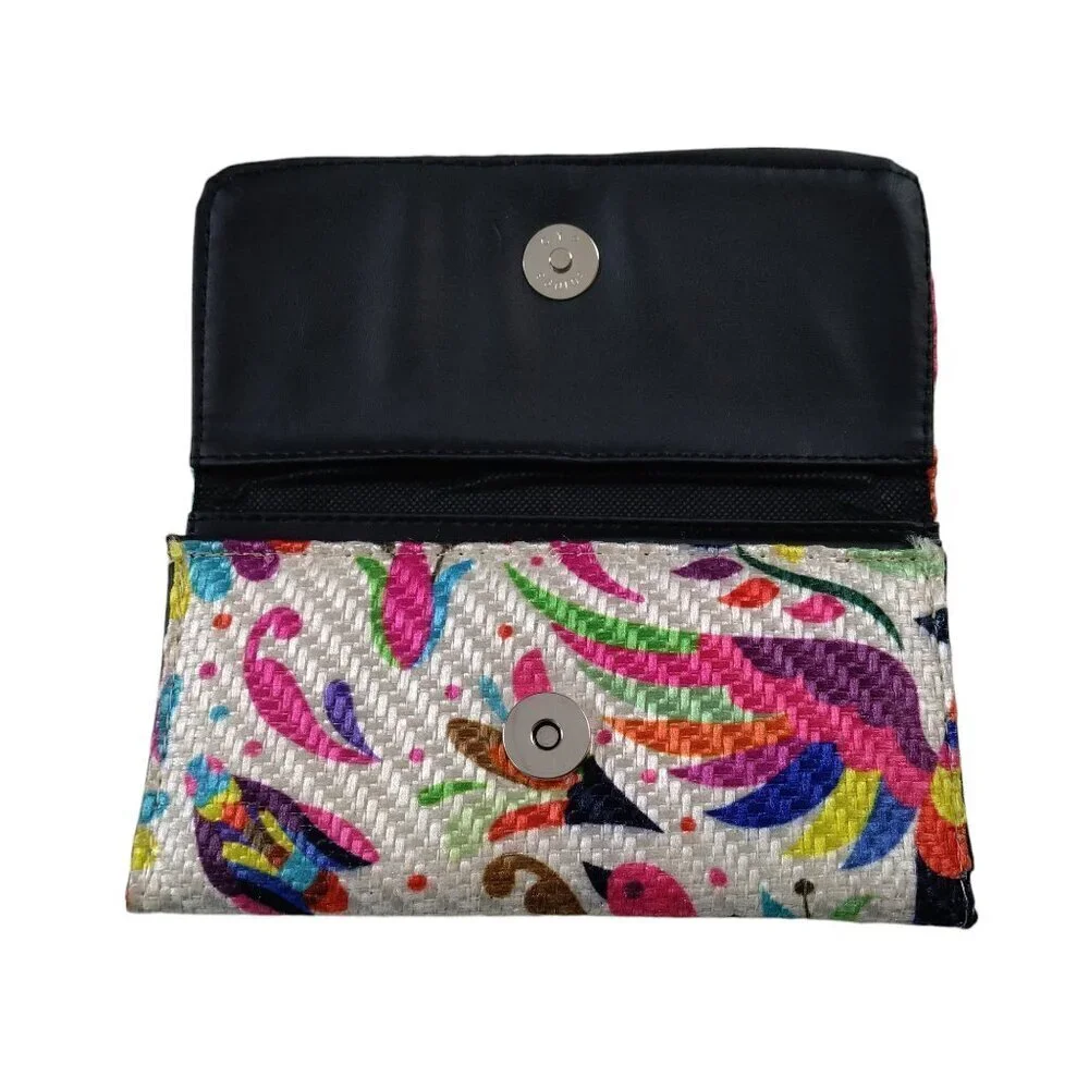 Jute Textile Trifold Floral/Bird Colorful Wallet Artsy Boho Travel Hippie